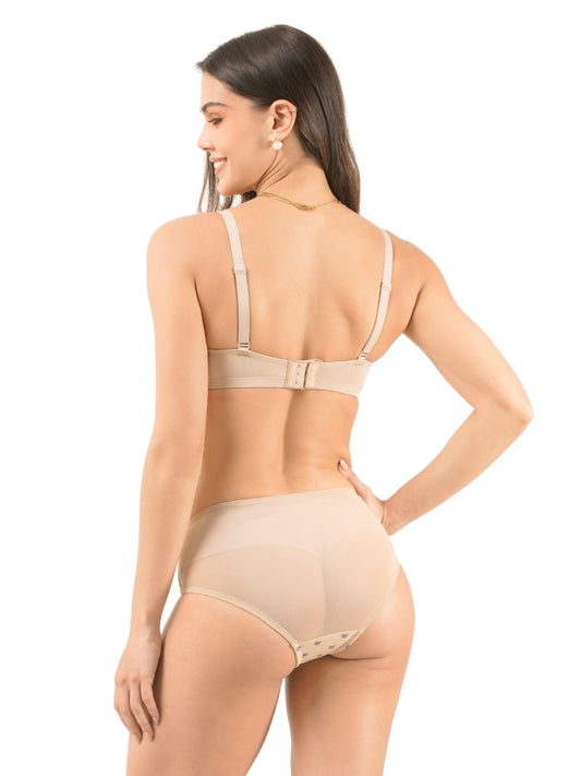 Padded Cotton & Mesh Full Coverage Bra & Panty Set with Heart Print