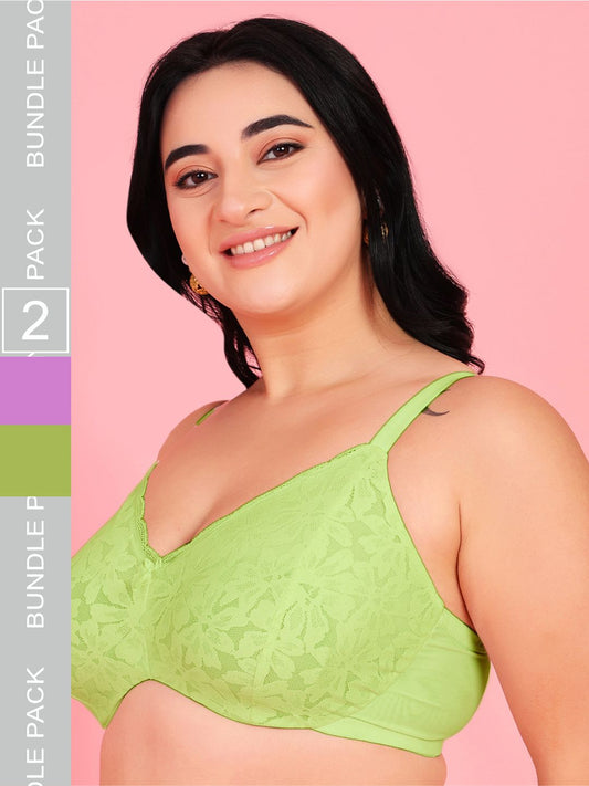 Curvy Love Pack of 2 Plus Size Soft Lace Full Coverage Underwire Mauve & Parrot Bra - Da Intimo