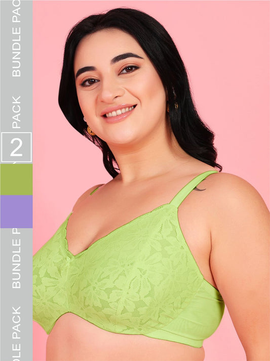 Curvy Love Pack of 2 Plus Size Soft Lace Full Coverage Underwire Parrot & Blue Bra - Da Intimo