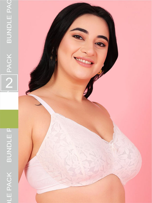 Curvy Love Pack of 2 Plus Size Soft Lace Full Coverage Underwire White & Parrot Bra - Da Intimo