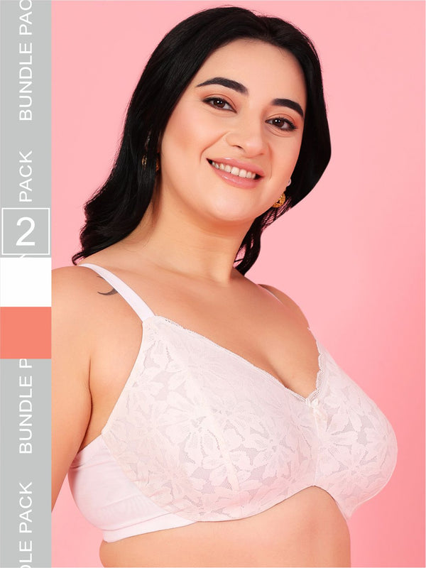 Curvy Love Pack of 2 Plus Size Soft Lace Full Coverage Underwire White & Peach Bra - Da Intimo