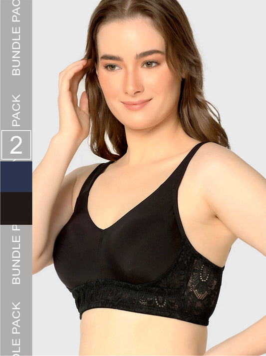 Curvy Love Pack of 2 Plus Size Full Coverage Non Padded Everyday Black & Navy Bra - Da Intimo