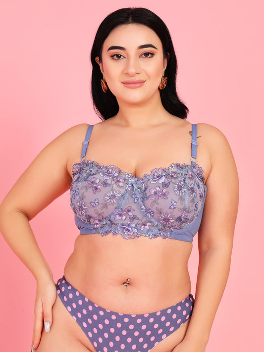 Embroidery Design Underwired Full Coverage Blue Balconette Bra - Da Intimo