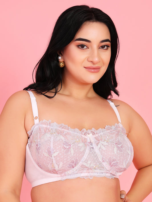 Embroidery Design Underwired Full Coverage White Balconette Bra - Da Intimo