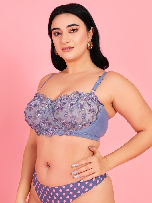 Embroidery Design Underwired Full Coverage Blue Balconette Bra - Da Intimo