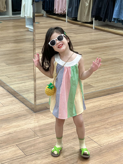 Girl's Fresh Color Printing Vertical Stripe Sling Dress