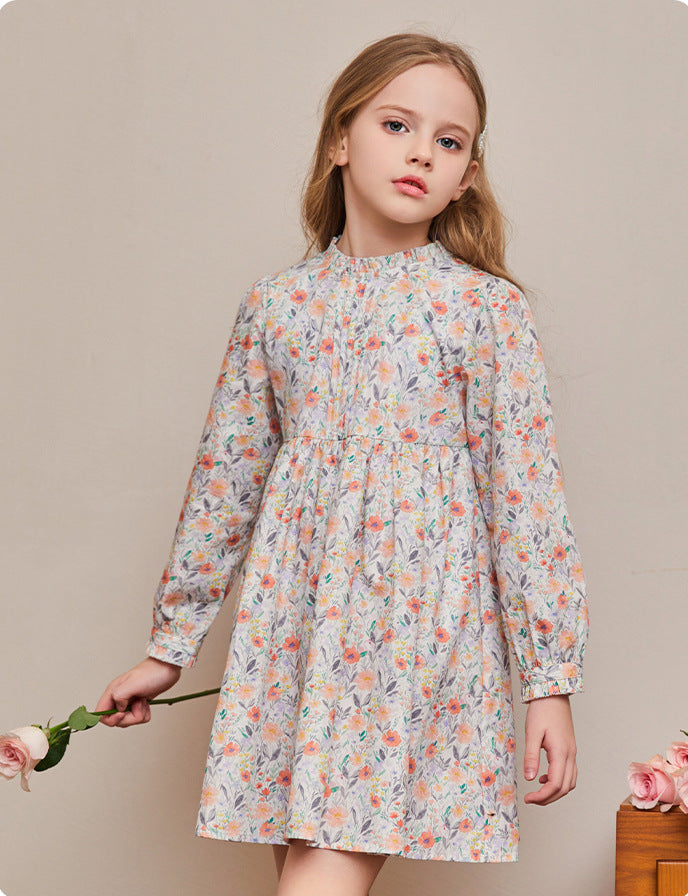 Girls' Cotton Floral Dress Pastoral Style Puff Sleeve