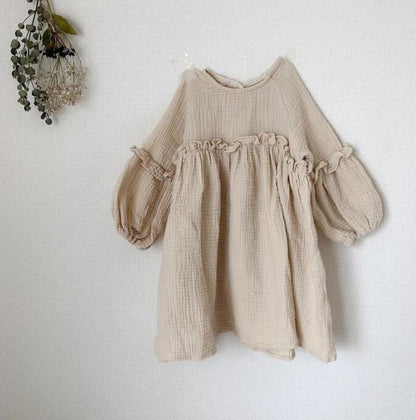 Girls' Cotton And Linen Bubble Long Sleeve Korean Style Dress