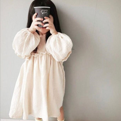 Girls' Cotton And Linen Bubble Long Sleeve Korean Style Dress