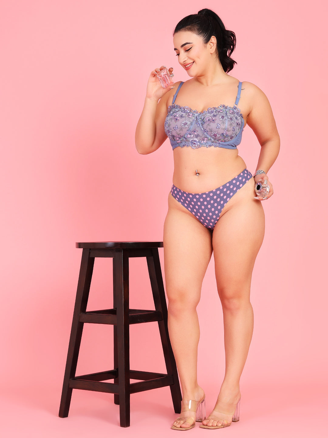 Embroidery Design Underwired Full Coverage Blue Balconette Bra - Da Intimo