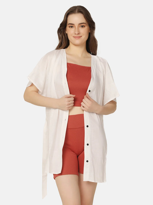Cut-Out Three Piece Swimwear Set with Cover Up Shirt - Da Intimo - Lingerie Online Store India