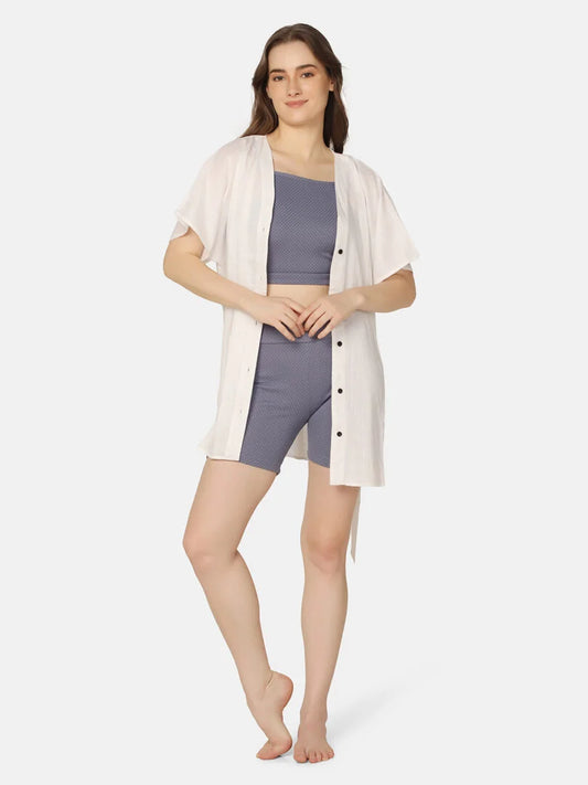 Cut-Out Three Piece Swimwear Set with Cover Up Shirt - Da Intimo - Lingerie Online Store India