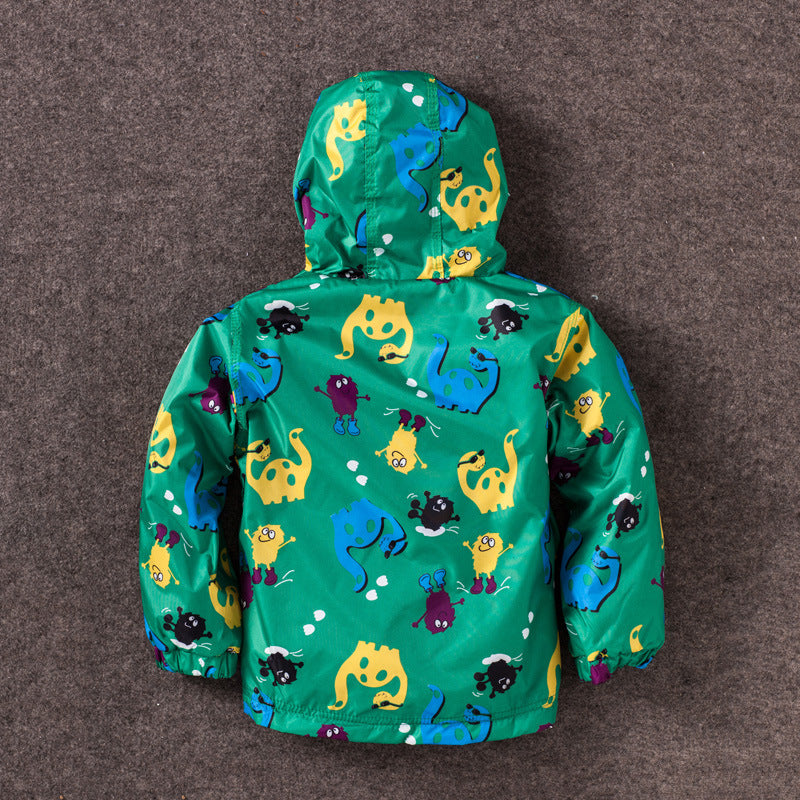 Boy's Cute Dinosaur Windproof and Rainproof Hooded Jacket