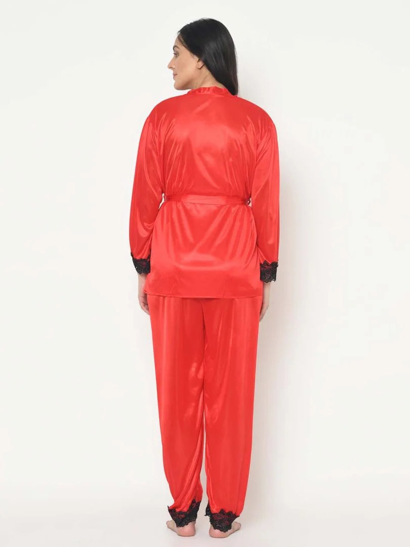 Lace Detail Satin Pajama Set - Da Intimo - Lingerie Online Store India