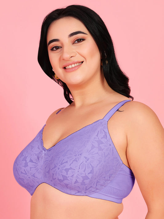 Curvy Love Plus Size Soft Lace Full Coverage Underwire Blue Bra - Da Intimo