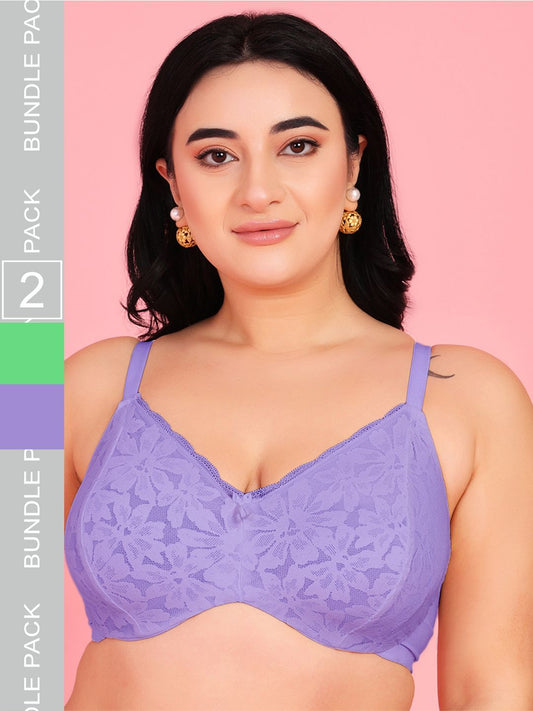 Curvy Love Pack of 2 Plus Size Soft Lace Full Coverage Underwire Green & Blue Bra - Da Intimo