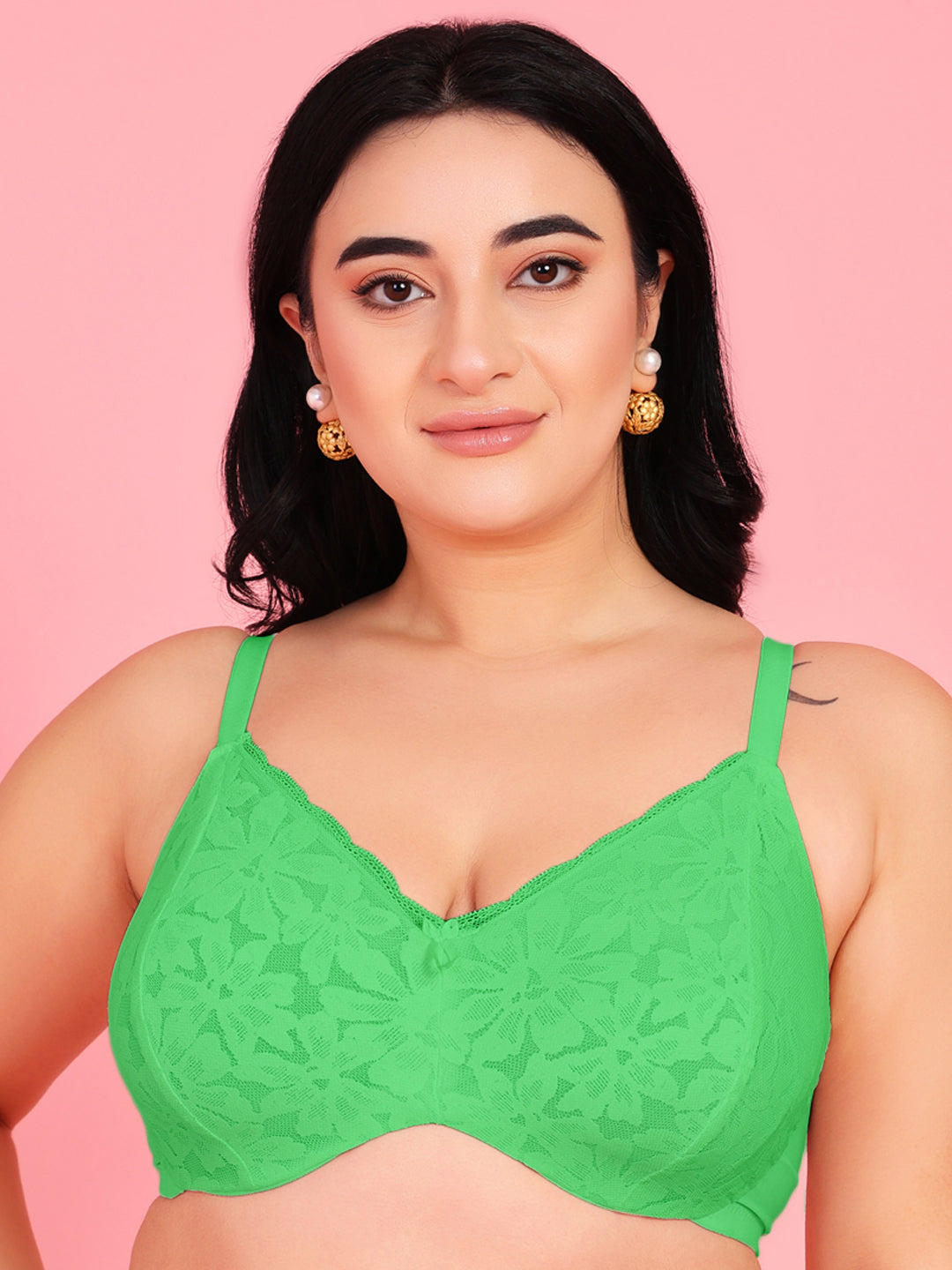 Curvy Love Pack of 2 Plus Size Soft Lace Full Coverage Underwire Green & Parrot Bra - Da Intimo