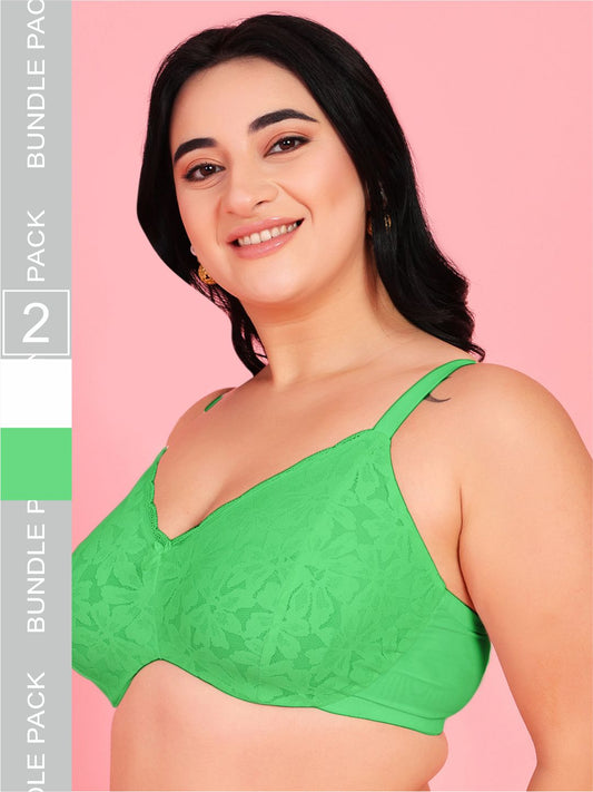 Curvy Love Pack of 2 Plus Size Soft Lace Full Coverage Underwire Green & White Bra - Da Intimo