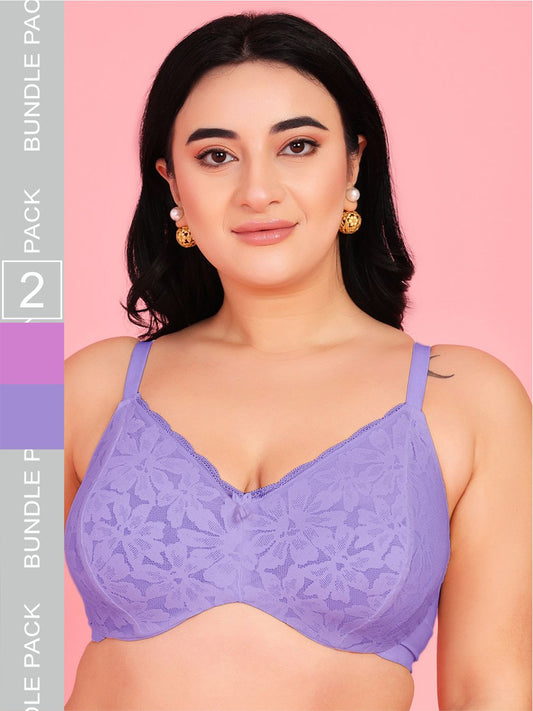 Curvy Love Pack of 2 Plus Size Soft Lace Full Coverage Underwire Mauve & Blue Bra - Da Intimo