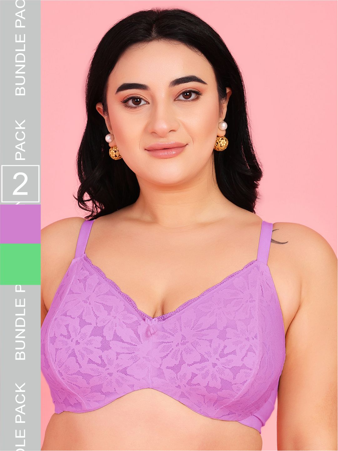 Curvy Love Pack of 2 Plus Size Soft Lace Full Coverage Underwire Mauve & Green Bra - Da Intimo