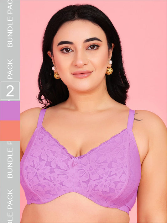 Curvy Love Pack of 2 Plus Size Soft Lace Full Coverage Underwire Mauve & Peach Bra - Da Intimo