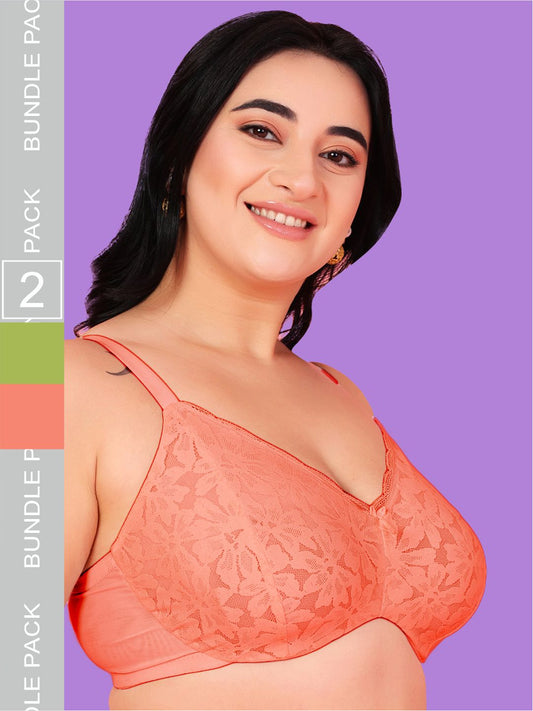 Curvy Love Pack of 2 Plus Size Soft Lace Full Coverage Underwire Parrot & Peach Bra - Da Intimo