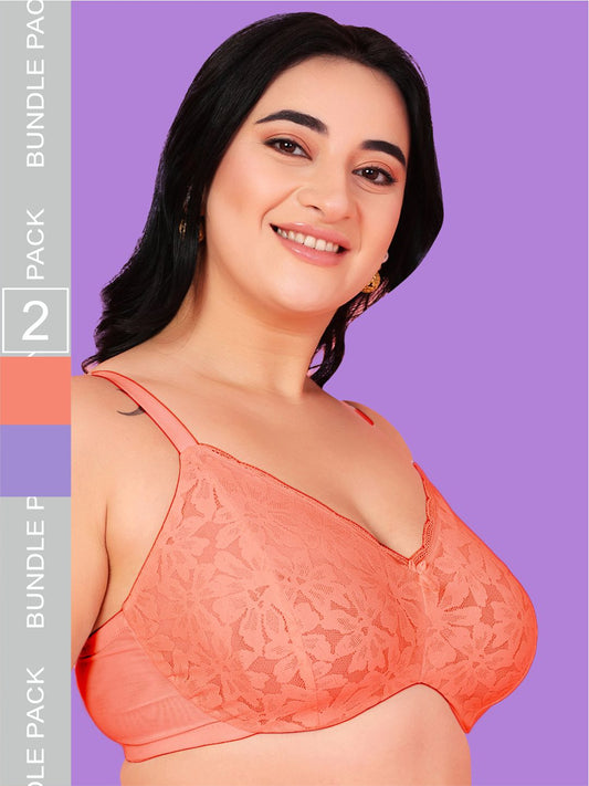 Curvy Love Pack of 2 Plus Size Soft Lace Full Coverage Underwire Peach & Blue Bra - Da Intimo