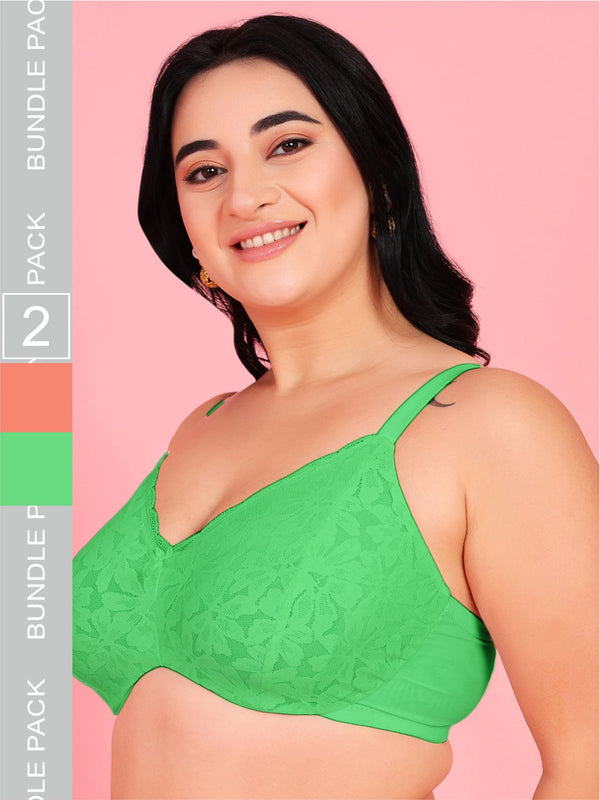 Curvy Love Pack of 2 Plus Size Soft Lace Full Coverage Underwire Peach & Green Bra - Da Intimo