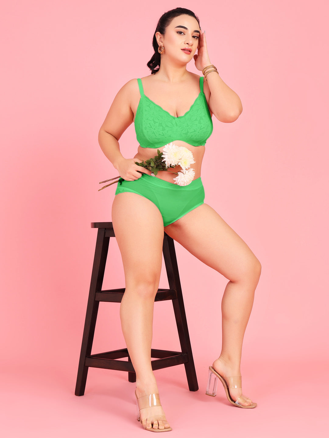 Curvy Love Pack of 2 Plus Size Soft Lace Full Coverage Underwire Peach & Green Bra - Da Intimo