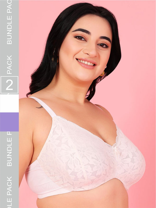 Curvy Love Pack of 2 Plus Size Soft Lace Full Coverage Underwire White & Blue Bra - Da Intimo