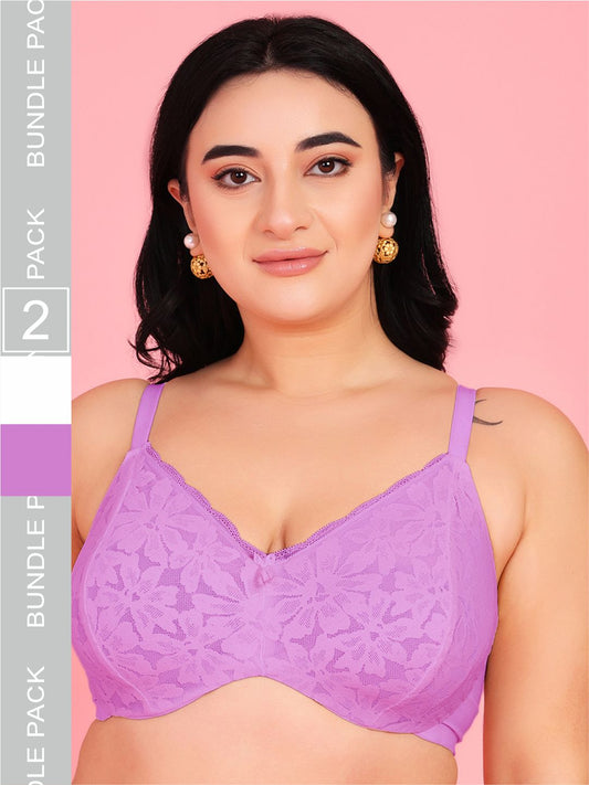 Curvy Love Pack of 2 Plus Size Soft Lace Full Coverage Underwire White & Mauve Bra - Da Intimo