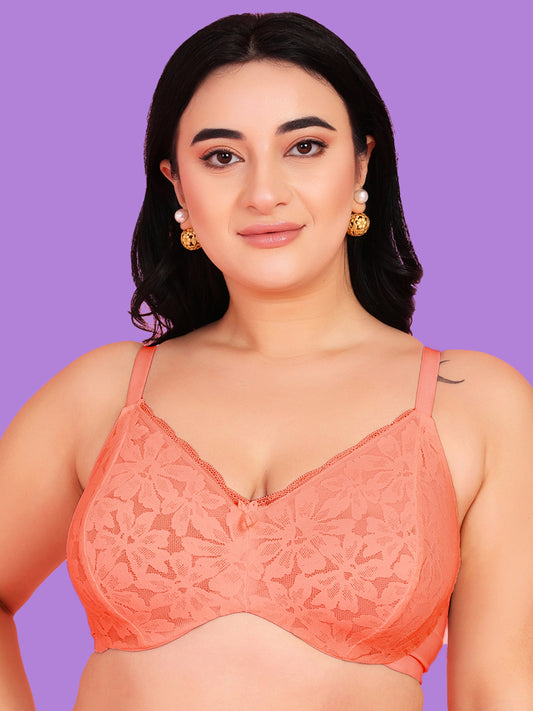 Curvy Love Pack of 2 Plus Size Soft Lace Full Coverage Underwire White & Peach Bra - Da Intimo