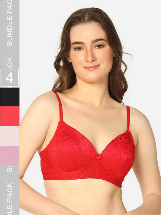 Pack Of 4 Lightly Padded Lacy Design Everyday T-Shirt Bra - Da Intimo - Lingerie Online Store India