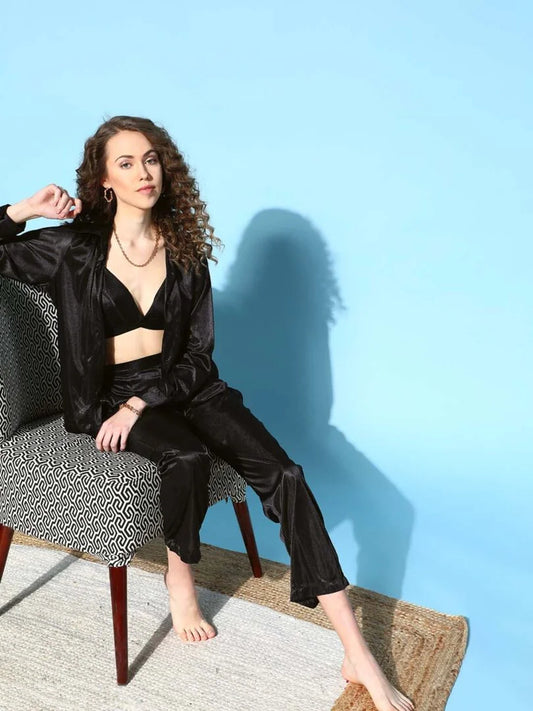 Black Three Piece Satin Bra Co-ord Loungewear Sets - Da Intimo - Lingerie Online Store India