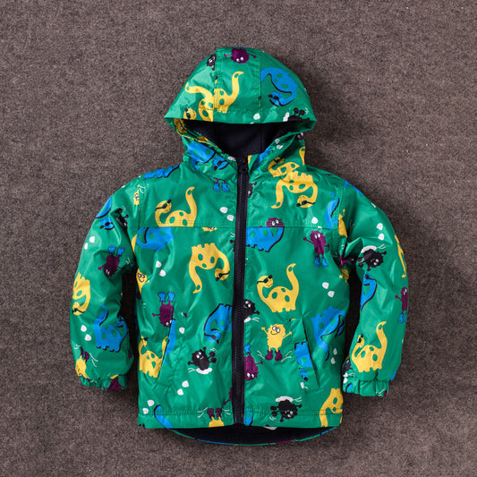 Boy's Cute Dinosaur Windproof and Rainproof Hooded Jacket