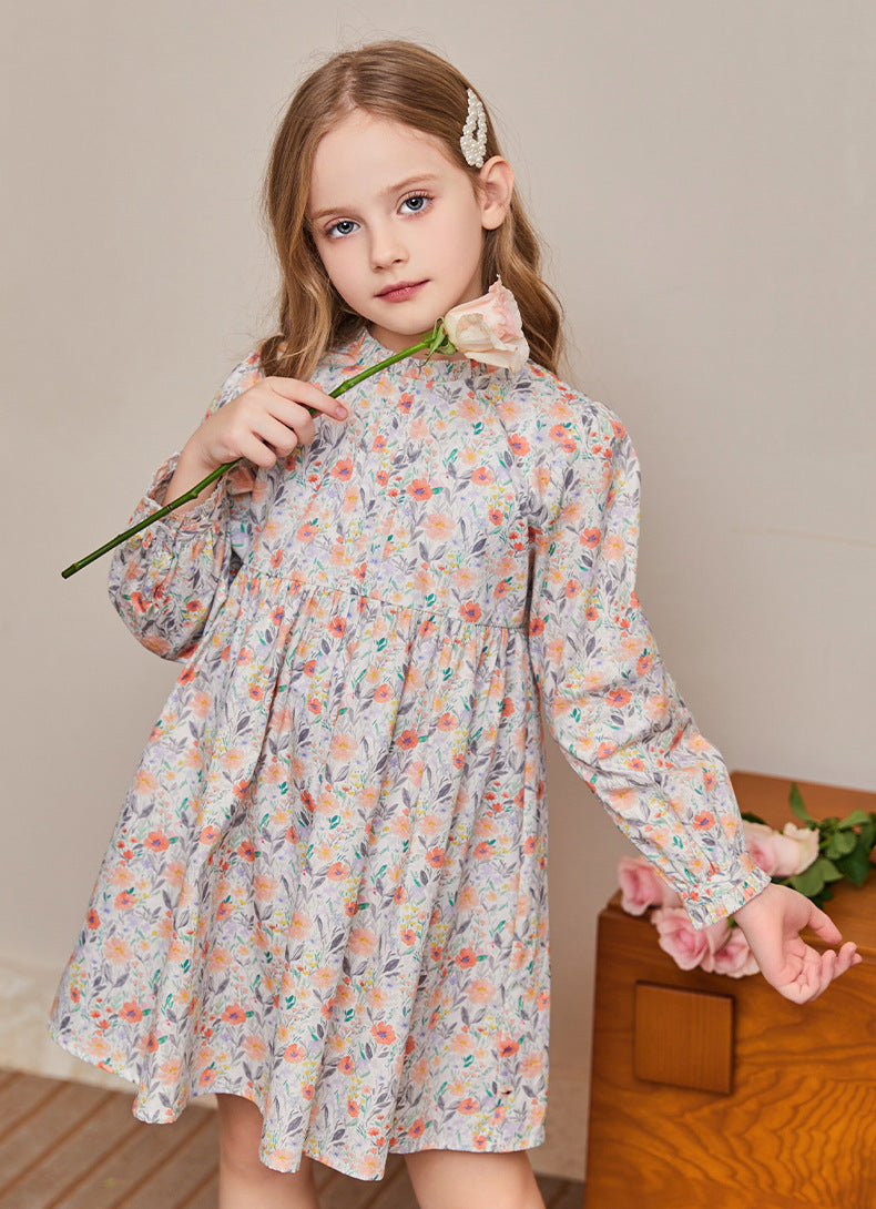 Girls' Cotton Floral Dress Pastoral Style Puff Sleeve