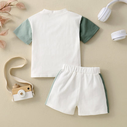 Children's Short Sleeve Color Contrast Patchwork T-shirt Suit