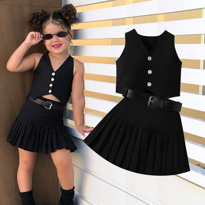 Girls' Fashionable V-neck Solid Color Set