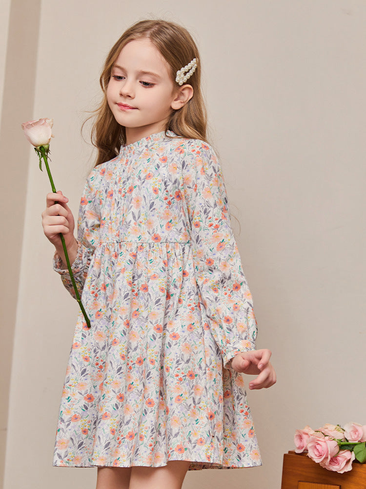 Girls' Cotton Floral Dress Pastoral Style Puff Sleeve