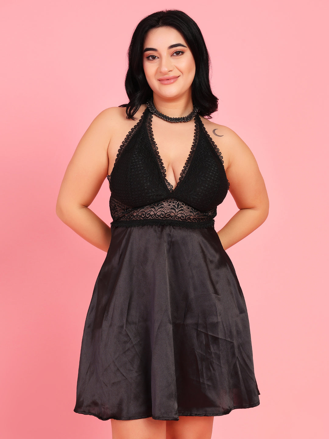 Da Intimo Women's Black 2 Pc Satin Bridal Babydoll Set - Da Intimo