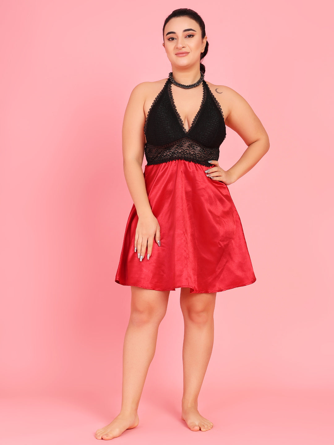 Da Intimo Women's Maroon Satin Bridal Lacy Babydoll - Da Intimo