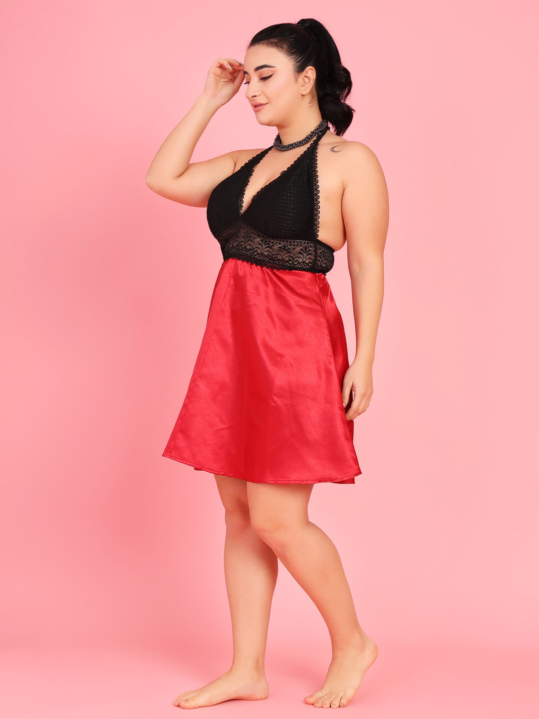 Da Intimo Women's Maroon Satin Bridal Lacy Babydoll - Da Intimo