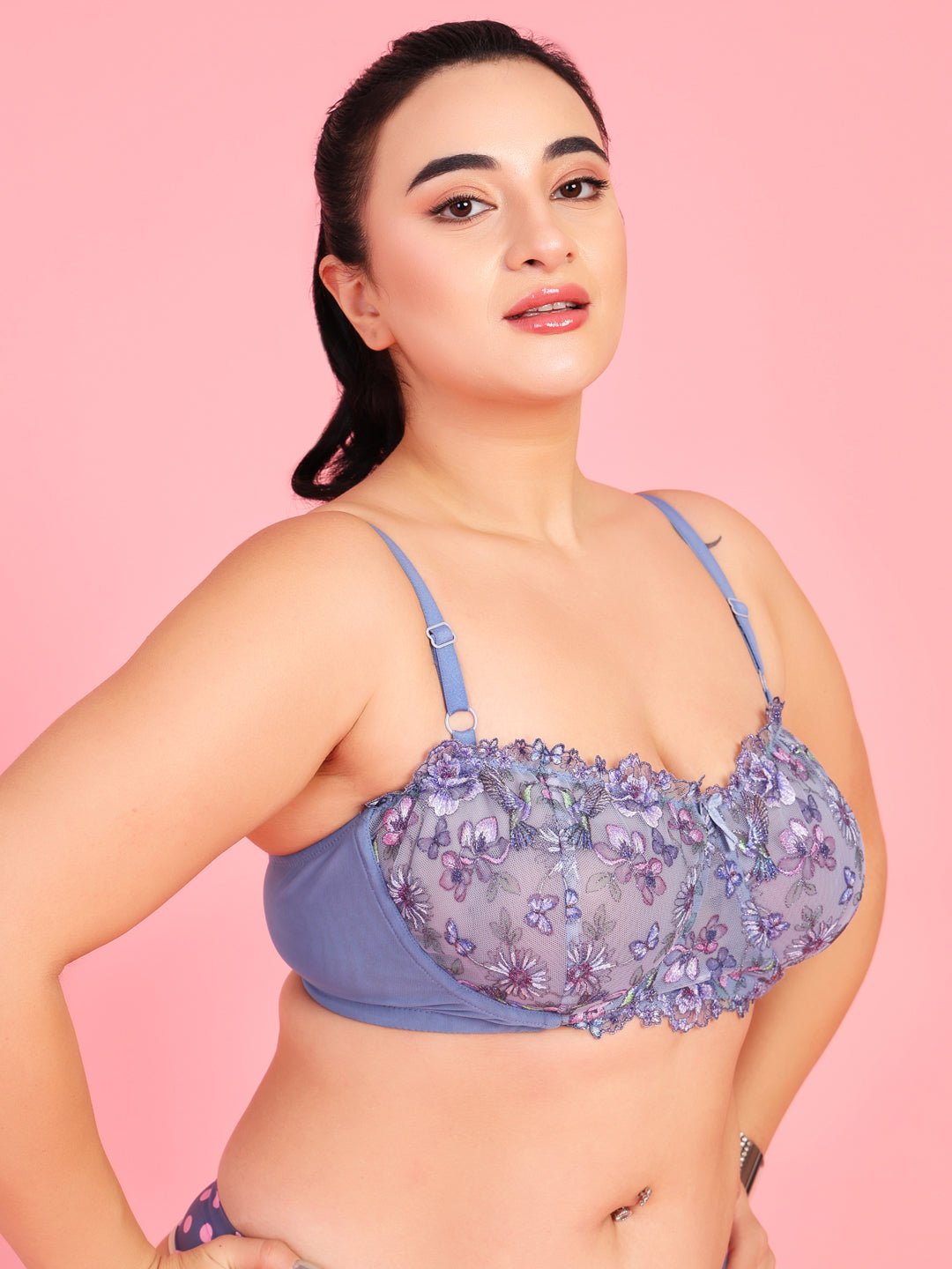 Embroidery Design Underwired Full Coverage Blue Balconette Bra - Da Intimo