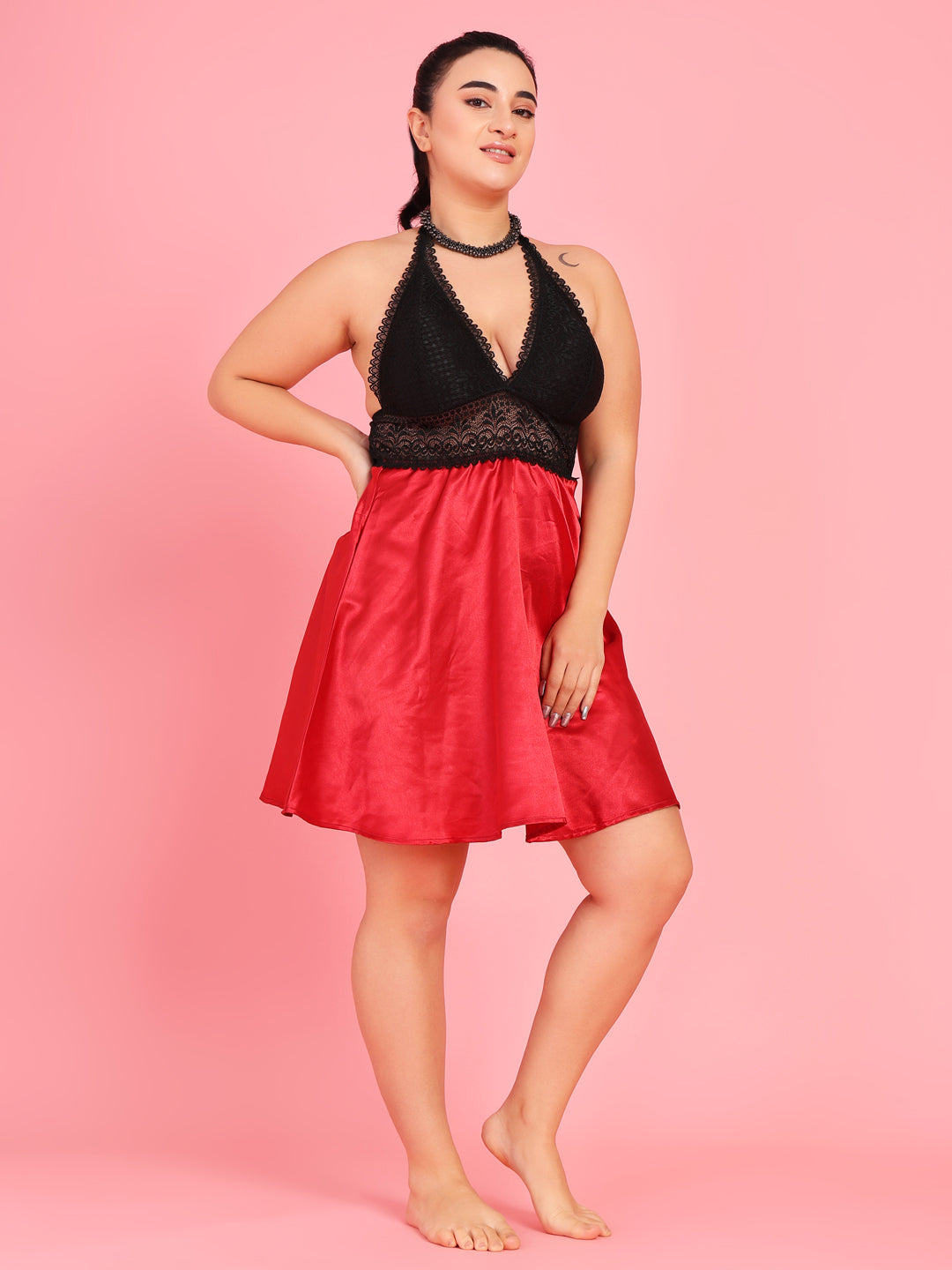 Da Intimo Women's Maroon Satin Bridal Lacy Babydoll - Da Intimo