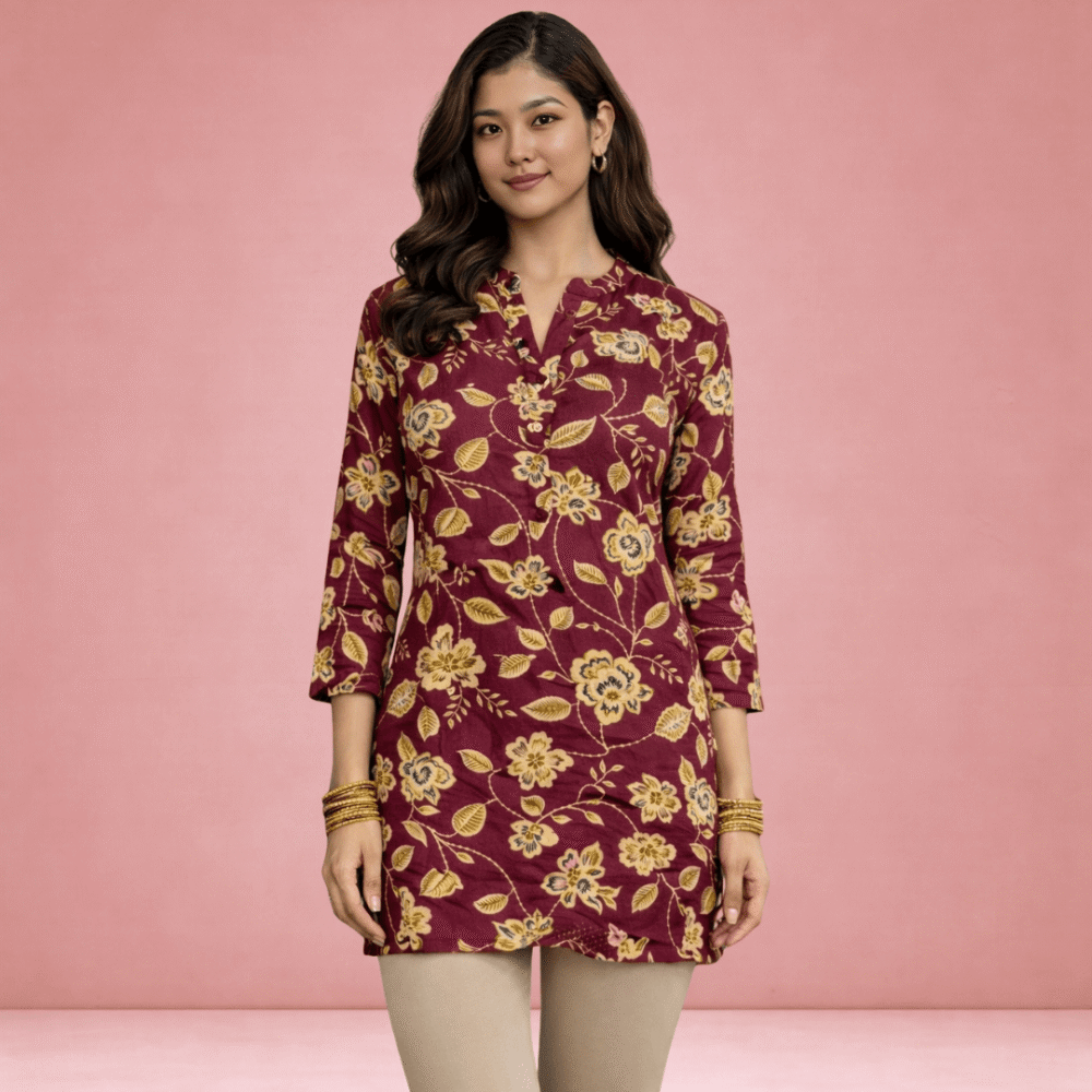 Women's Maroon Floral Printed Cotton Straight Kurti with 3/4 Sleeves