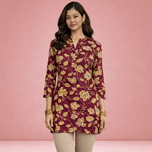 1 Women's Maroon Floral Printed Cotton Straight Kurti with 3/4 Sleeves