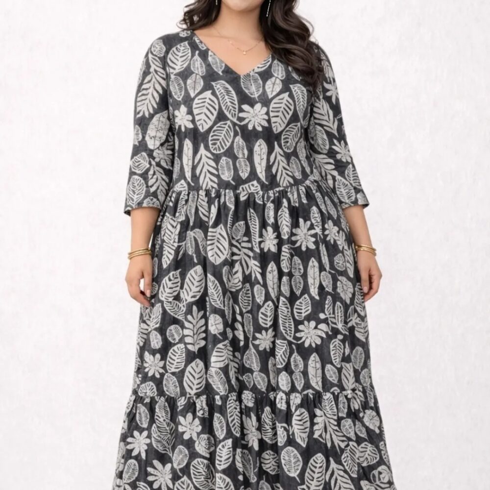 1 Women's Grey Leaf Printed Tiered Midi Dress | V-Neck Casual Dress