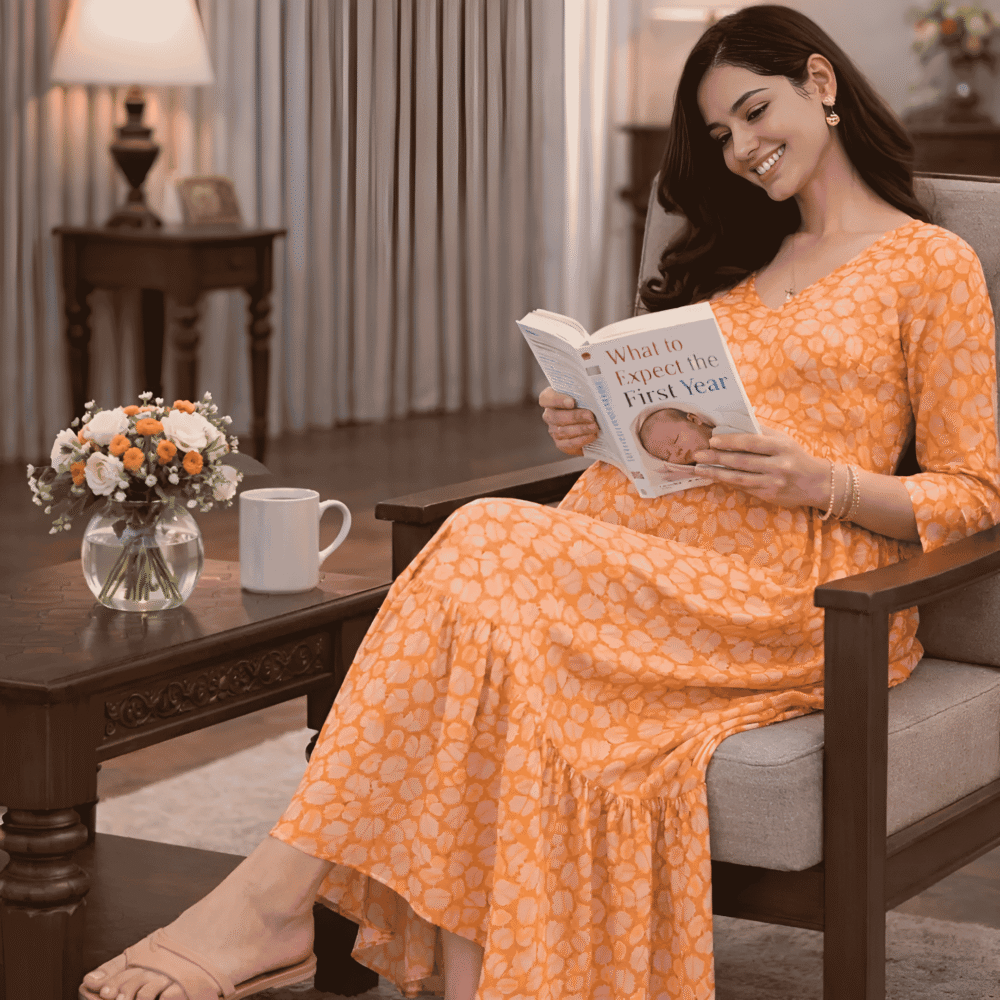 1 Women's Maternity Orange Printed Midi Dress | Feeding Friendly