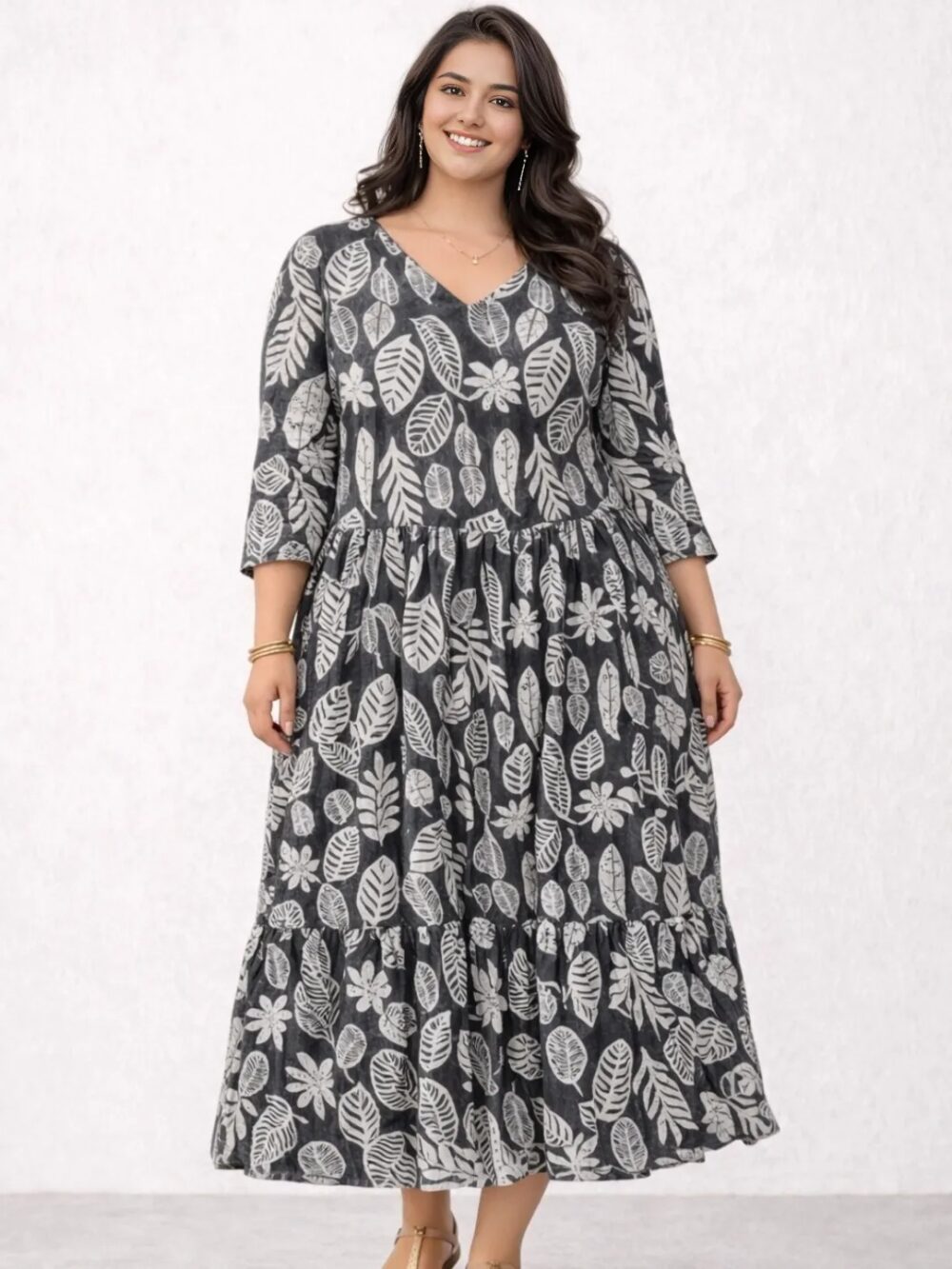 1 Women's Grey Leaf Printed Tiered Midi Dress | V-Neck Casual Dress