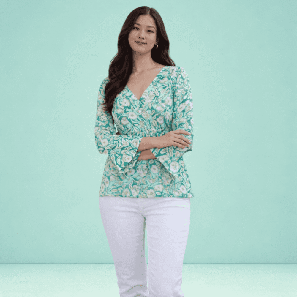 Women's Sea Green Floral Printed Peplum Top | V-Neck Bell Sleeve Casual Top
